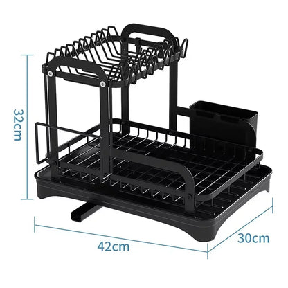 2-Tier Black Dish Drying Rack – Countertop Drainboard Organizer