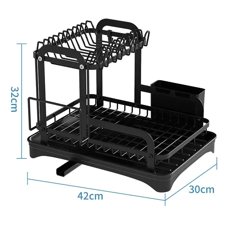 2-Tier Black Dish Drying Rack – Countertop Drainboard Organizer