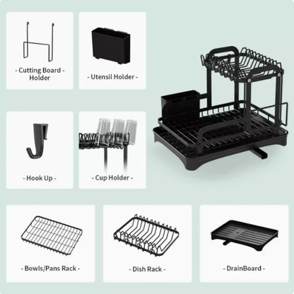 2-Tier Black Dish Drying Rack – Countertop Drainboard Organizer