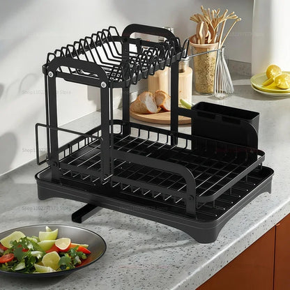 2-Tier Black Dish Drying Rack – Countertop Drainboard Organizer