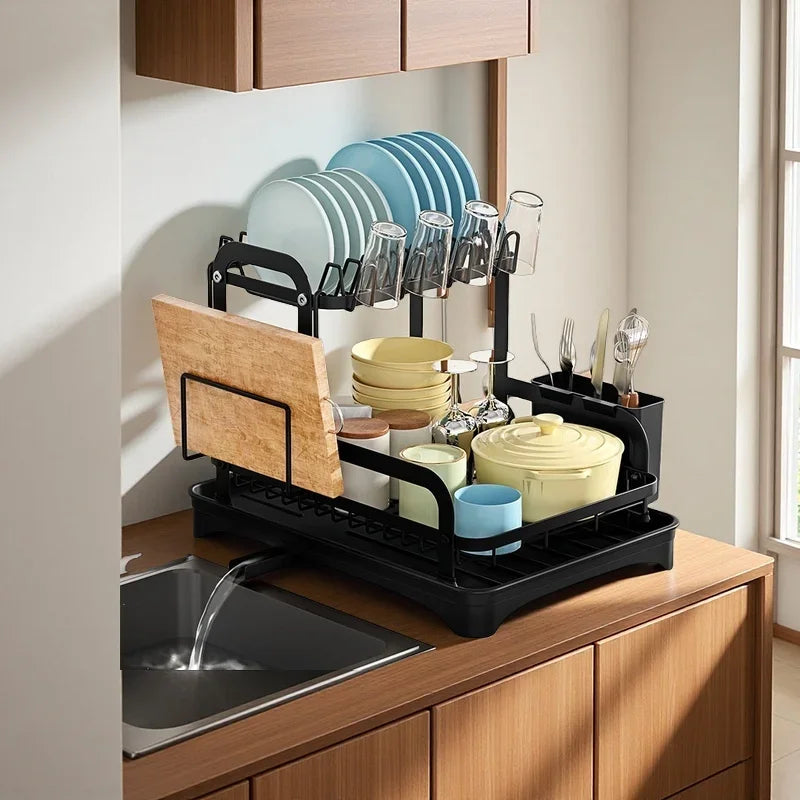 2-Tier Black Dish Drying Rack – Countertop Drainboard Organizer