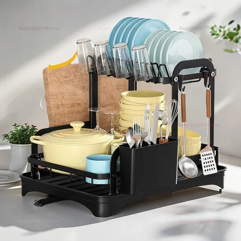 2-Tier Black Dish Drying Rack – Countertop Drainboard Organizer